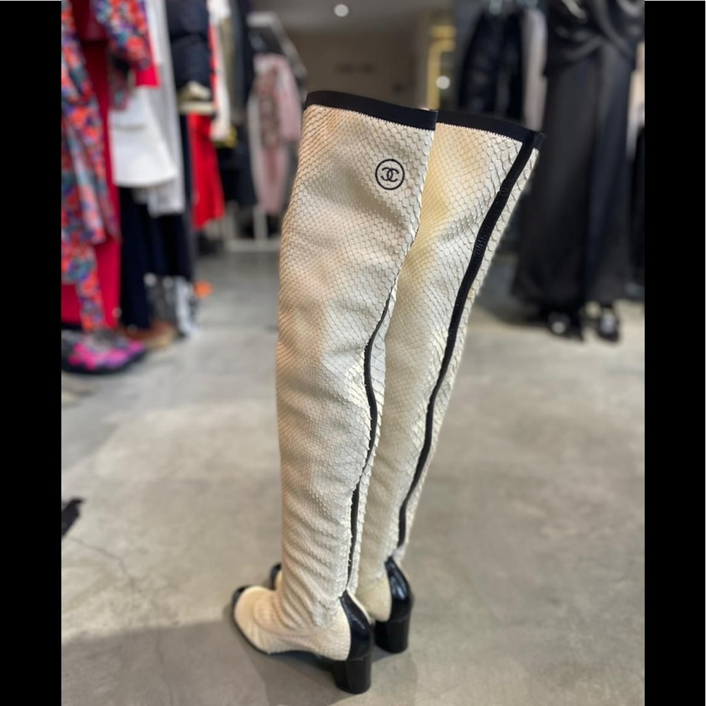 CHANEL python over the knee boots